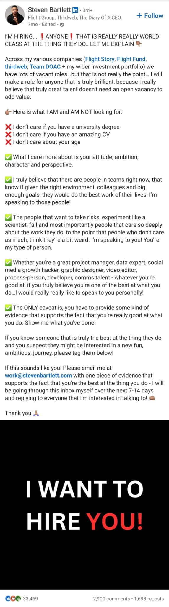 A LinkedIn post from Steven Bartlett hiring people for his company