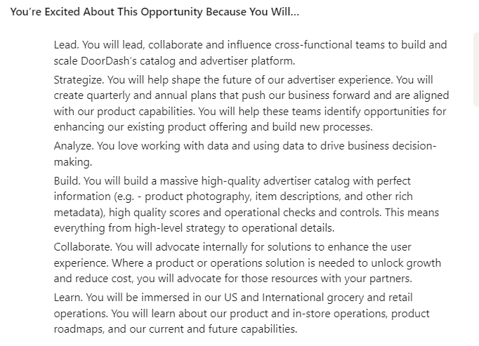 Role description for a job at DoorDash