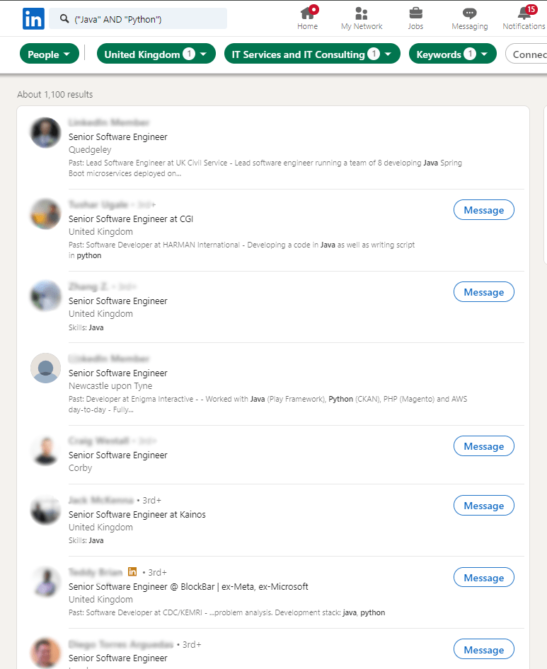 The search result of using TalentLyft's sourcing feature on LinkedIn