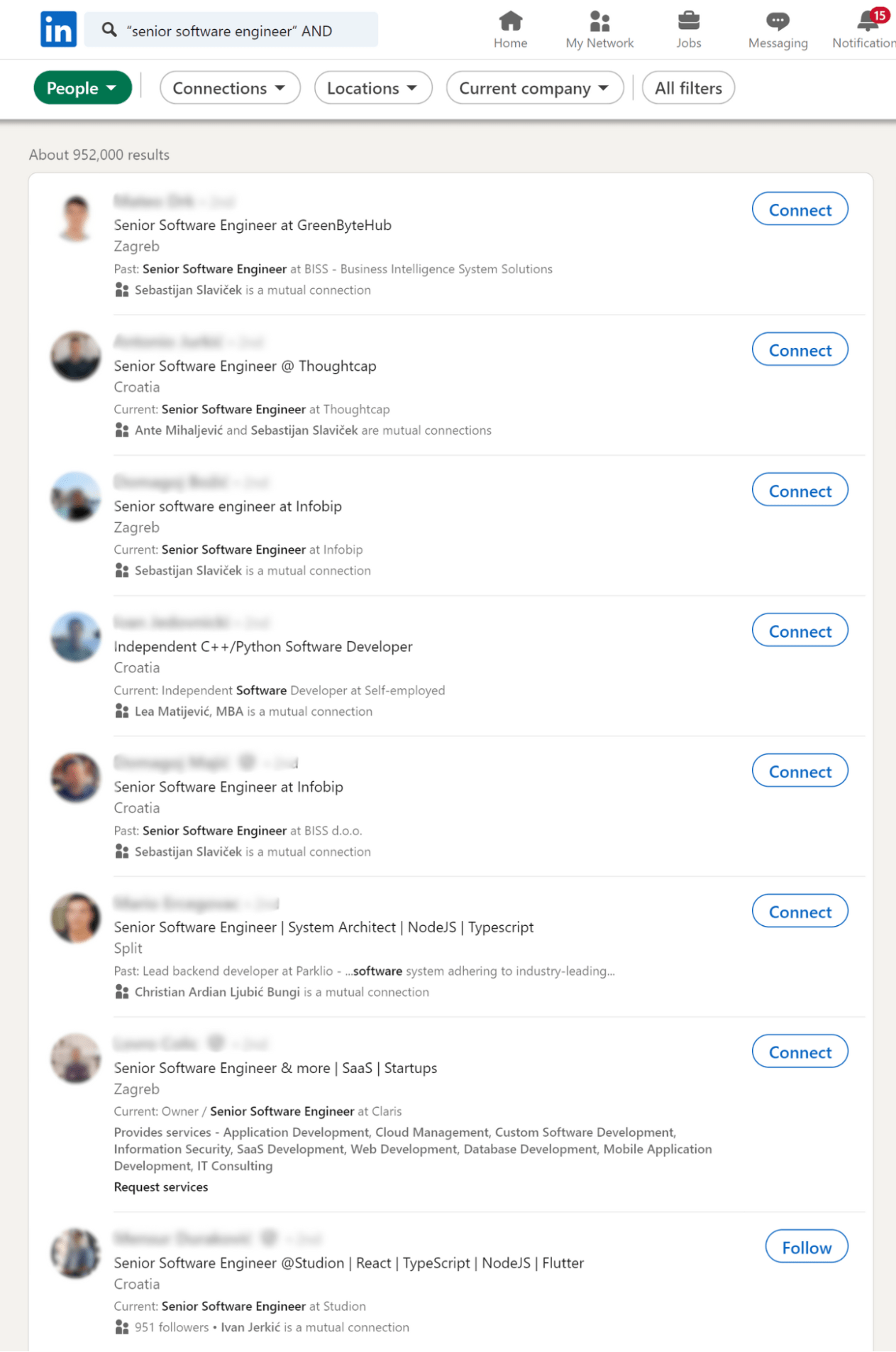 An example of using boolean search on Linkedin to find a candidate for a software engineer job